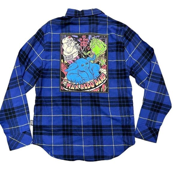 NWT Disney Shirt Mens Blue Flannel Star Wars Max Rebo Band Plaid Graphic Patch S - Picture 8 of 11